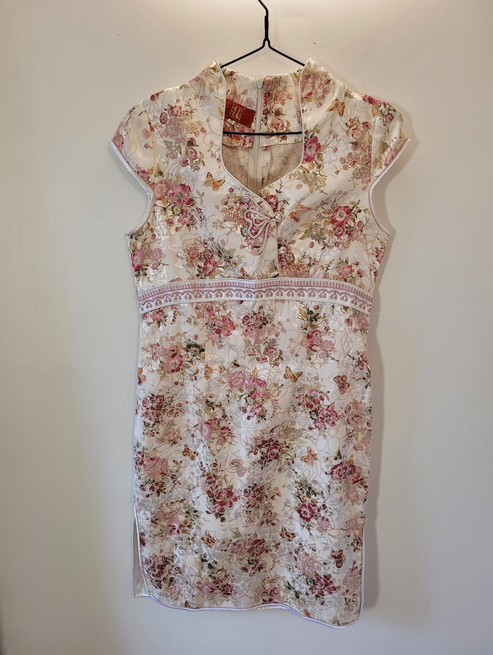 Y2k Chinese Tapestry Floral Print In Creamy White & Pink - Size M